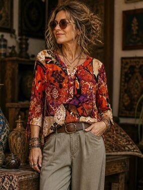 Vintage Koret Boho Art to Wear Rayon Blouse Geo Mixed Print M Eclectic Grandpa